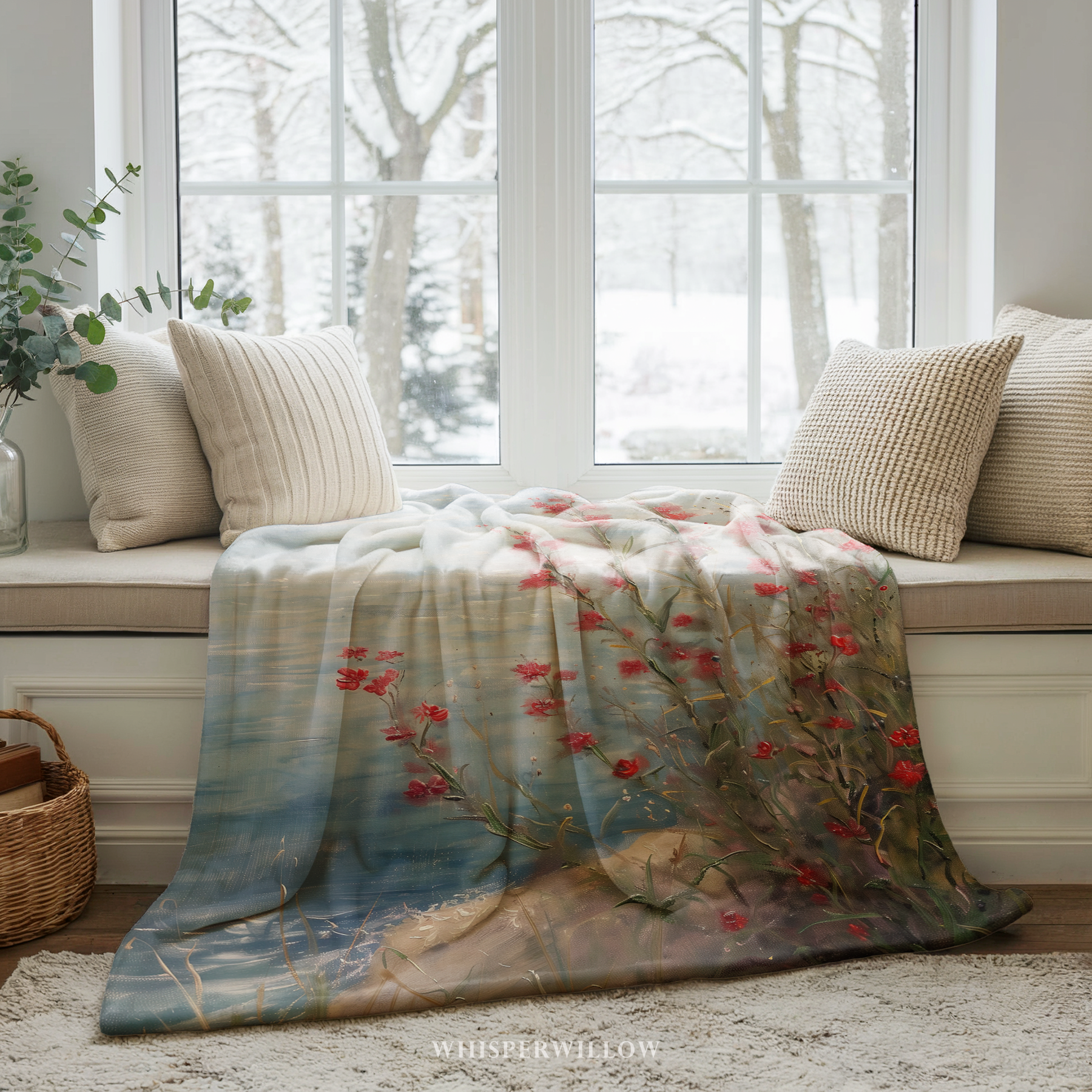 Coastal Wildflower Throw Blanket - Red Floral Seaside Ocean Gift