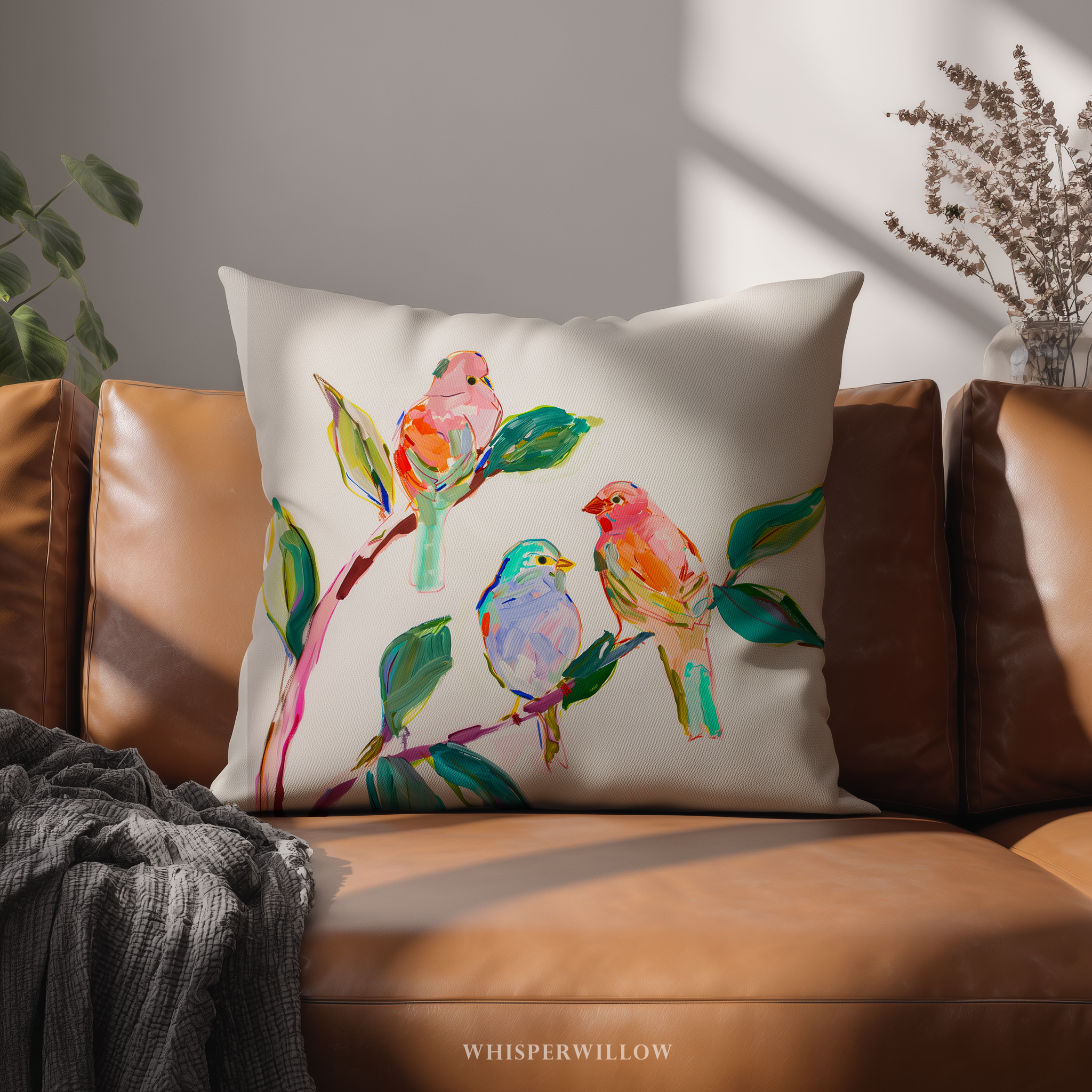 Colorful Bird Throw Pillow and Case - Abstract Botanical Branch Cushion Modern Nature Decor Gift