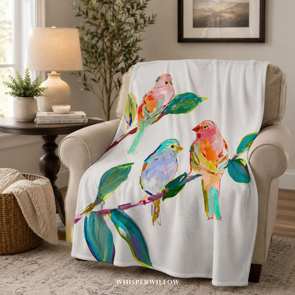 Colorful Songbird Plush Throw Blanket | Botanical Nature Decor | Cottagecore Bedding | Bird Lover Gift | Floral Home Accent