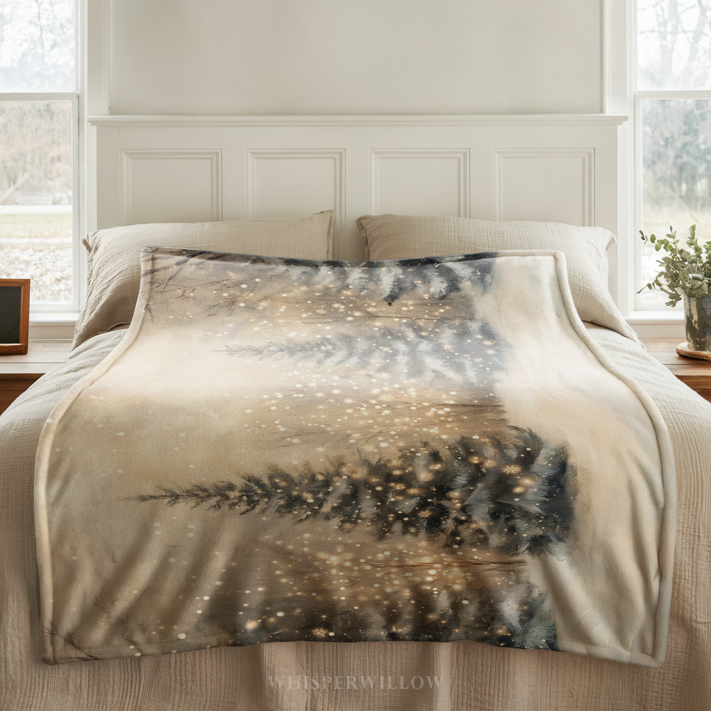 Winter Forest Throw Blanket - Snowy Trees Golden Lights Gift