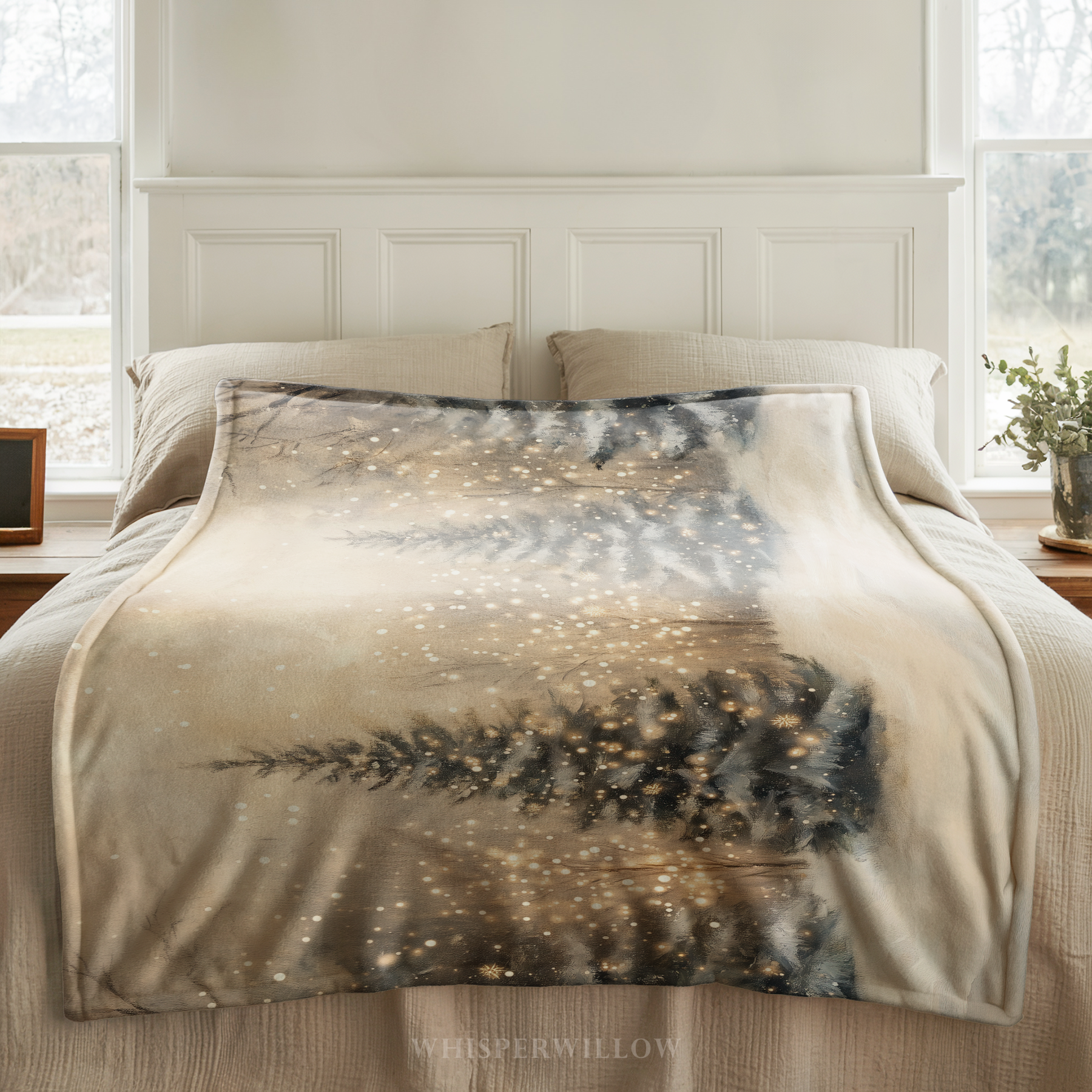 Winter Forest Throw Blanket - Snowy Trees Golden Lights Gift