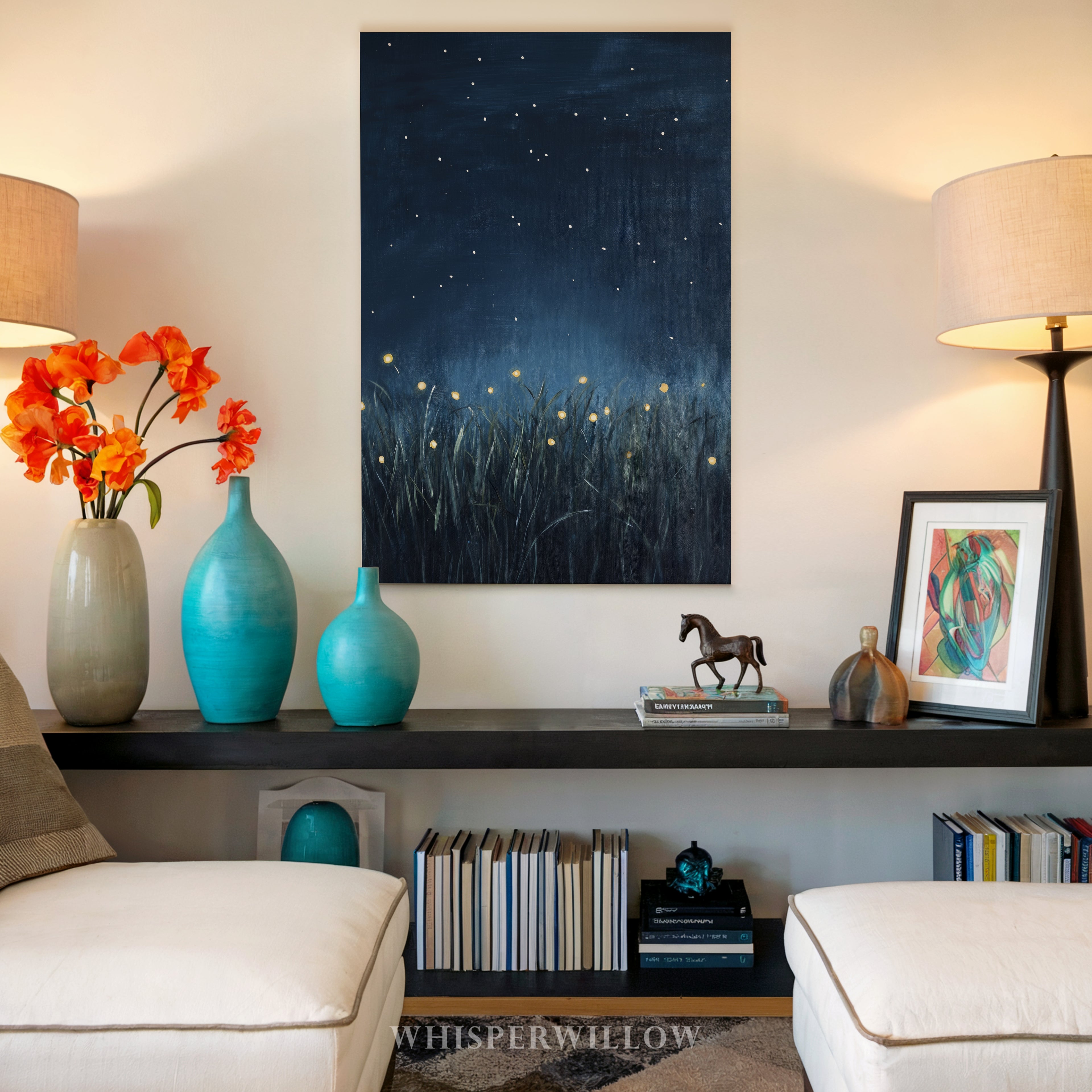 Glühwürmchen-Leinwandbild – Leuchtende Käfer, Sternennacht, dunkelblauer, funkelnder Himmel, magisch