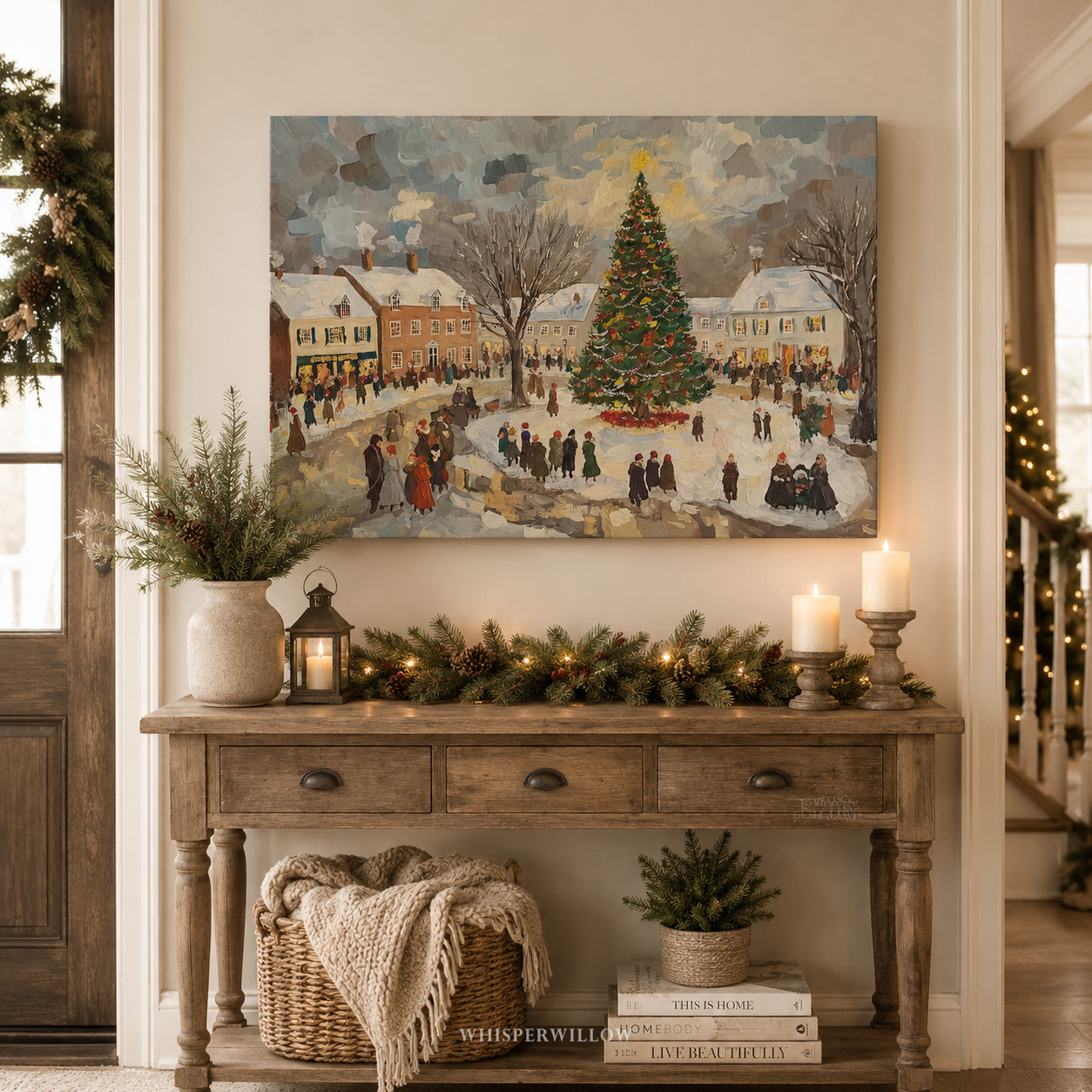 Tableau mural d'hiver sur toile | Scène de village de Noël vintage | Idée cadeau de décoration pour les fêtes