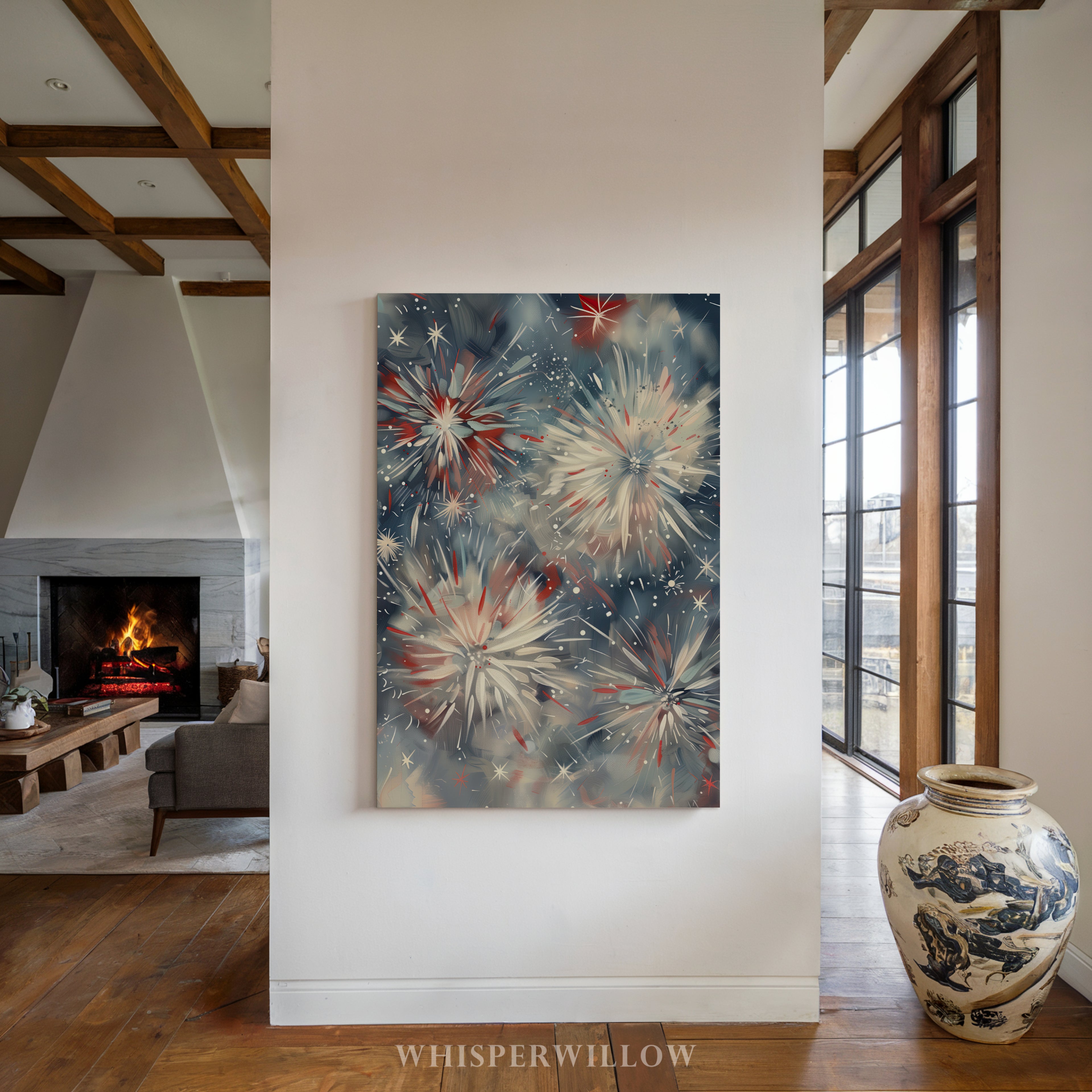 Leinwandbild mit Feuerwerk zum 4. Juli | Feierlichkeiten zum Unabhängigkeitstag | Patriotische Dekoration in Rot, Weiß und Blau