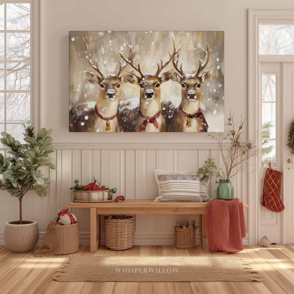 Rentier-Trio als Leinwandbild – Rustikale Weihnachtsdekoration für die Hütte, verspielte Winterlandschaft
