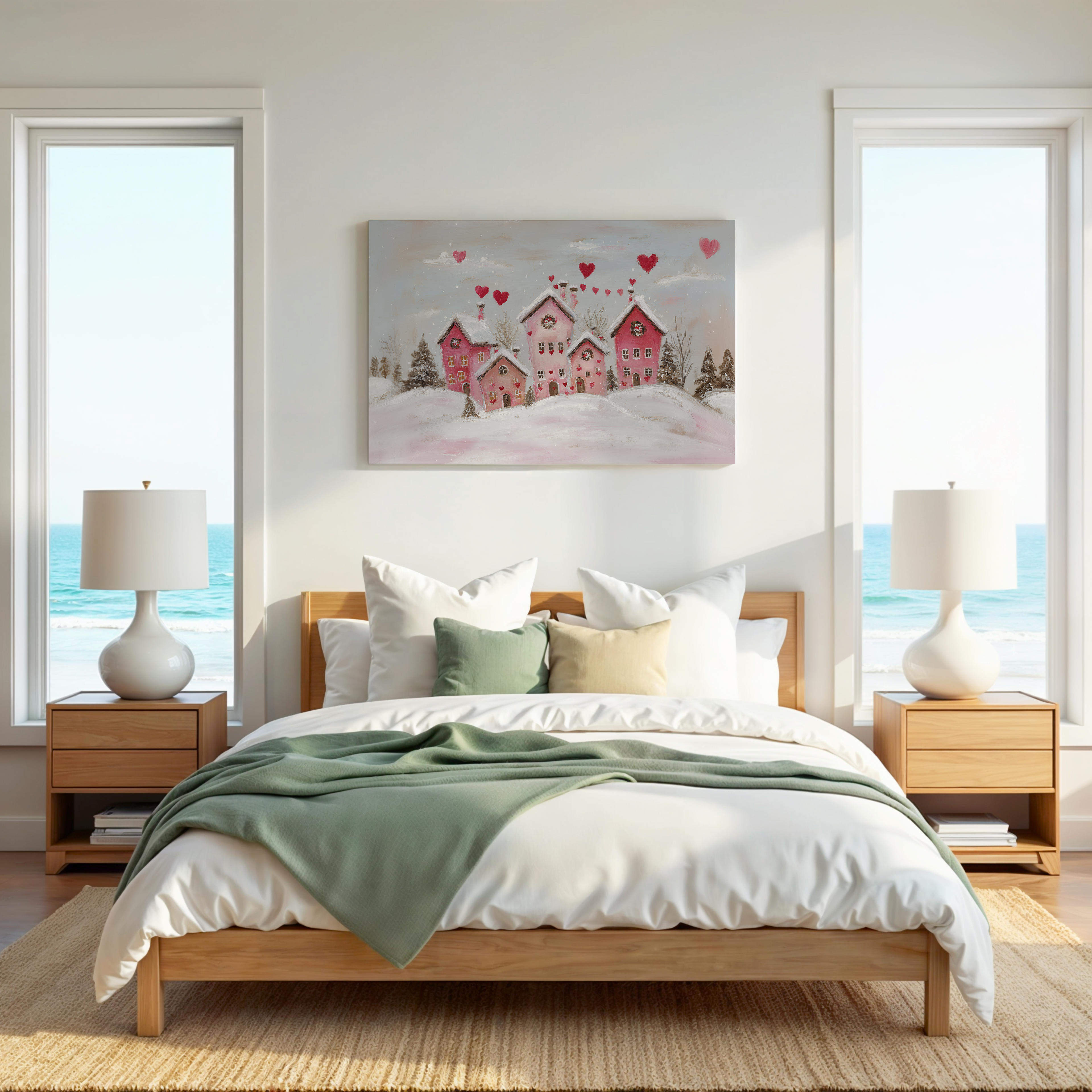 Verspieltes rosa Winterdorf auf Leinwand | Romantisches Herzmotiv mit verschneiten Häusern | Wandbild zum Valentinstag