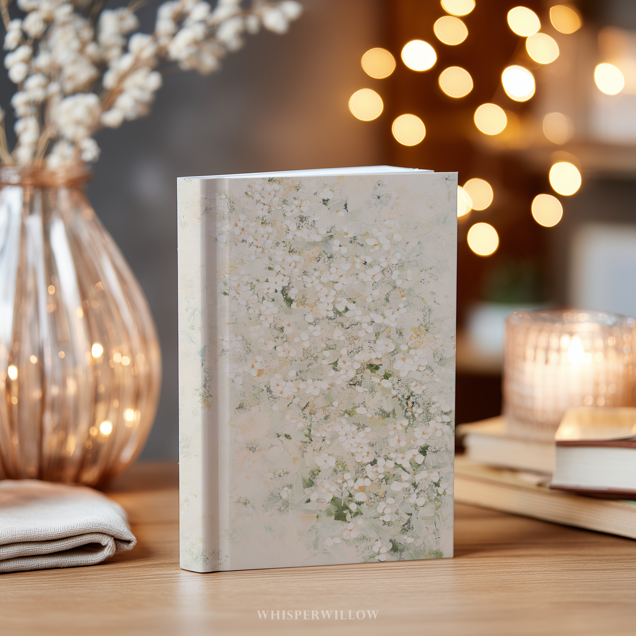 White Floral Abstract Hardcover Journal - Sage Green Cream Botanical Neutral Writer Notebook Gift