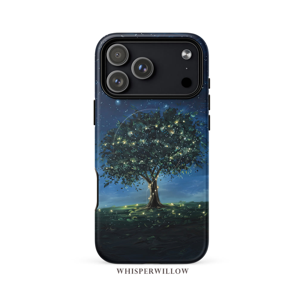 Mystical Tree Phone Case | Compatible with MagSafe Charging | Starry Night Sky Aesthetic | Glowing Nature Art | Celestial Fireflies Gift by WhisperWillow Studios