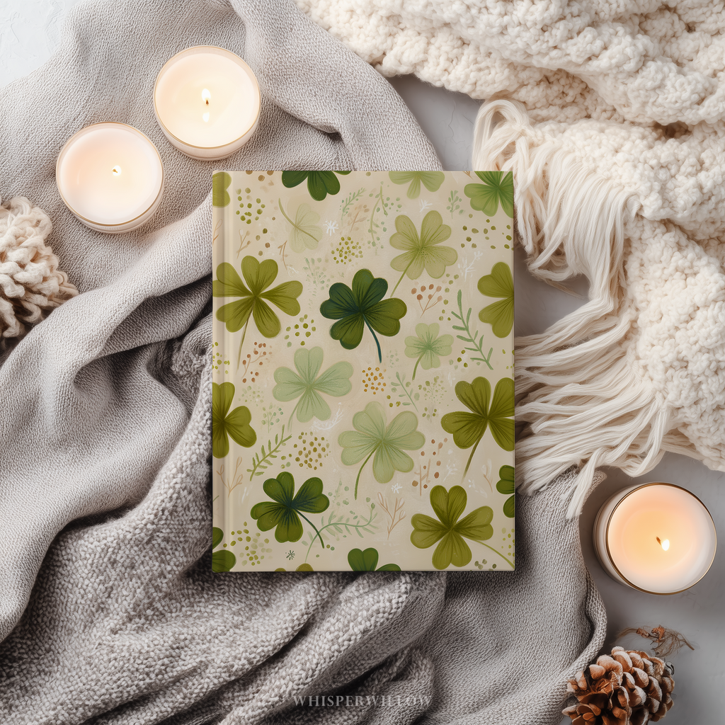 St Patrick Shamrock Hardcover Journal, Floral Clover Premium Notebook, Green Botanical Design, 8x5.75 Lined Pages Gift
