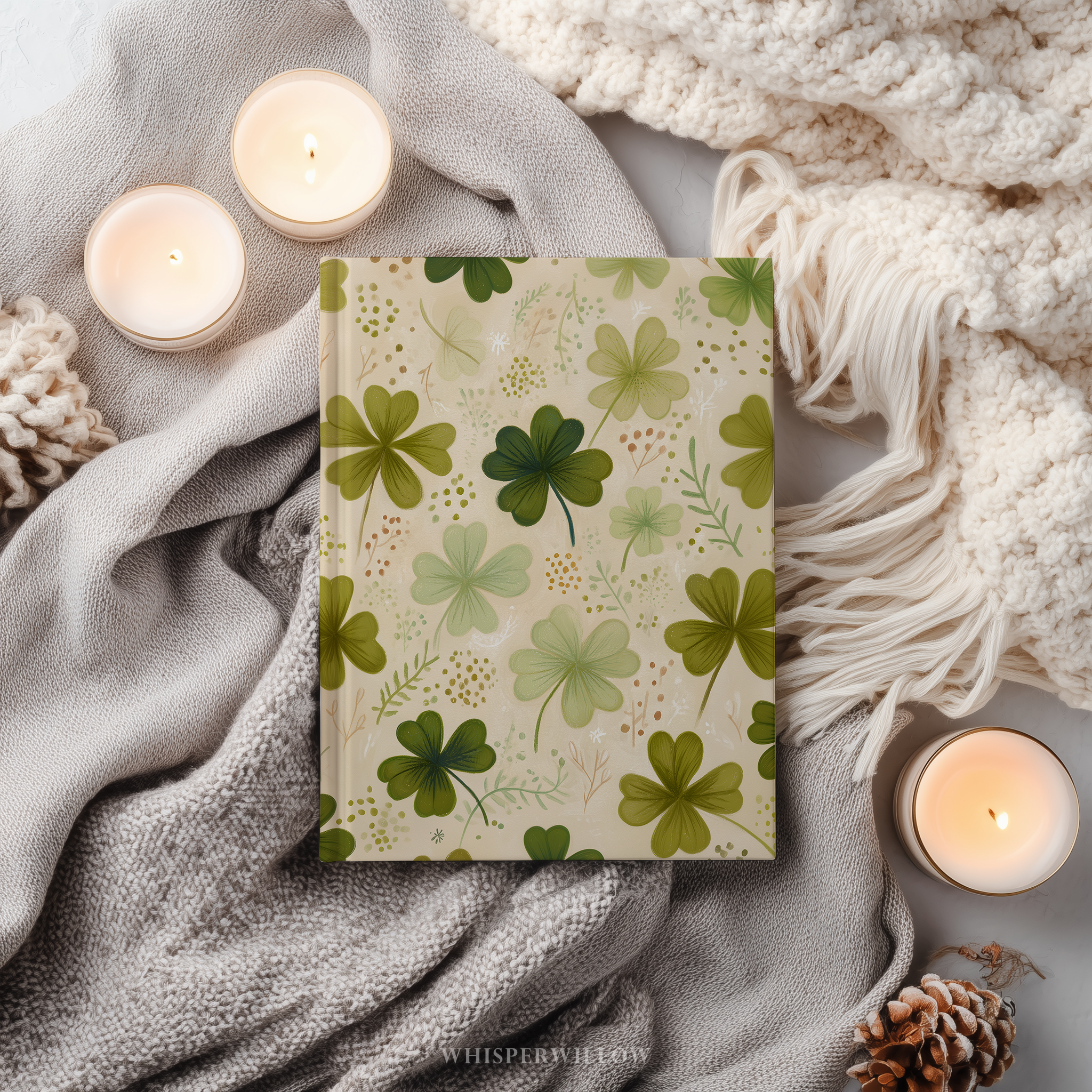St Patrick Shamrock Hardcover Journal, Floral Clover Premium Notebook, Green Botanical Design, 8x5.75 Lined Pages Gift