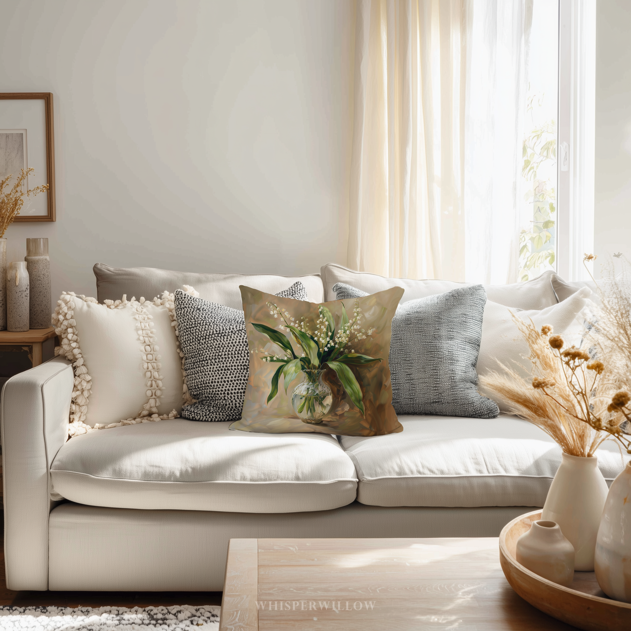Lily of the Valley Throw Pillow - Floral Botanical Art Cushion