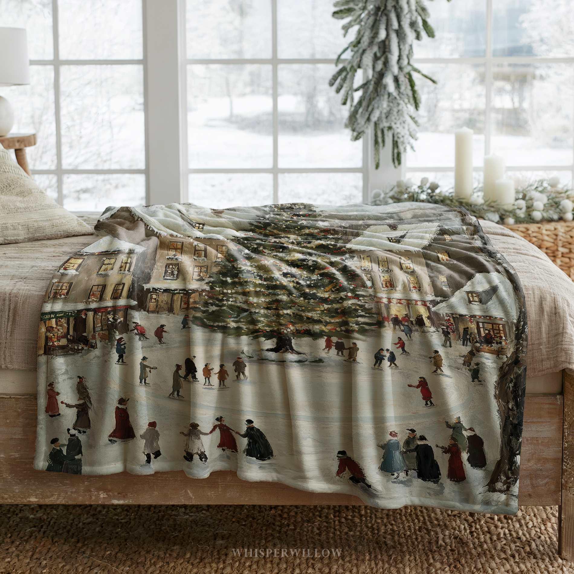 Snowy Village Christmas Throw Blanket - Winter Tree Ice Skating Gift