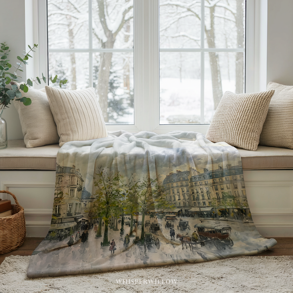 Paris Street Throw Blanket - Rainy European Boulevard Horse Carriage Gift