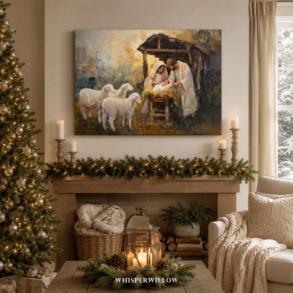 Weihnachtskrippe als Leinwandbild – Heilige Familie, Jesuskind, Krippe mit Schafen