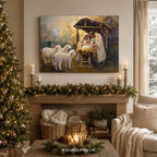 Weihnachtskrippe als Leinwandbild – Heilige Familie, Jesuskind, Krippe mit Schafen