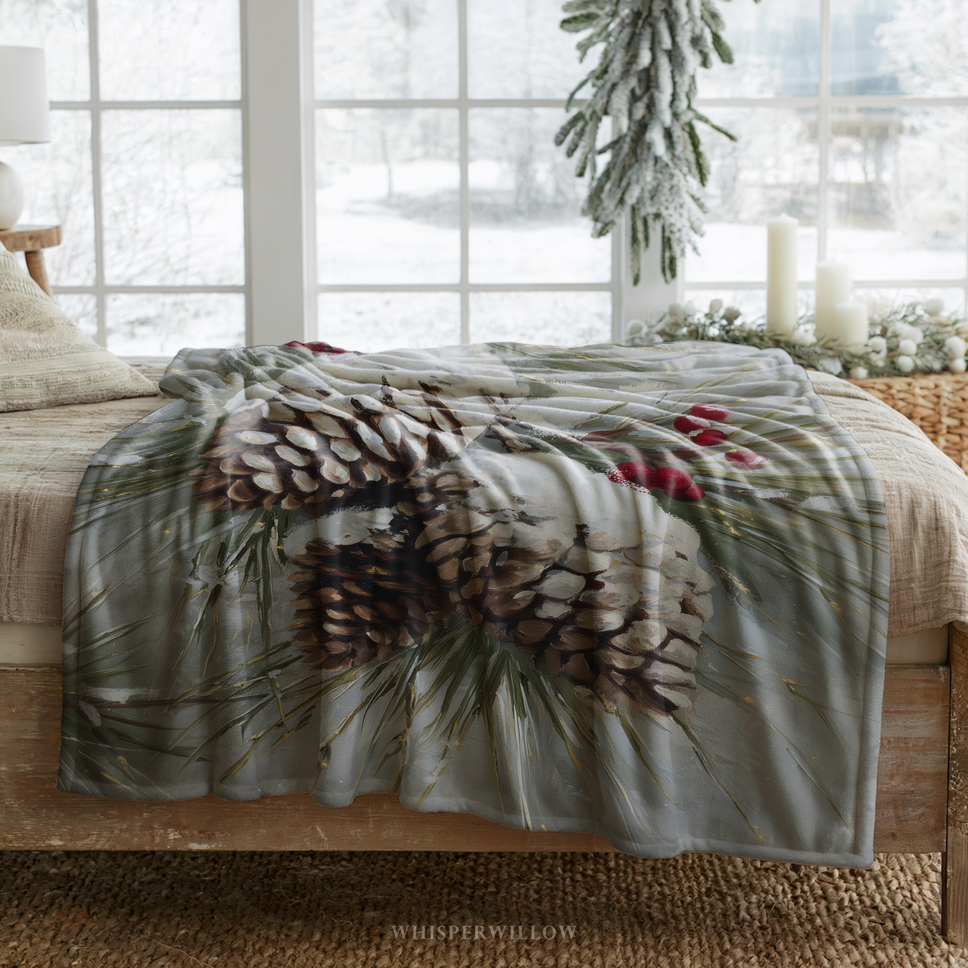 Snowy Pinecone Throw Blanket - Evergreen Red Berry Winter Gift