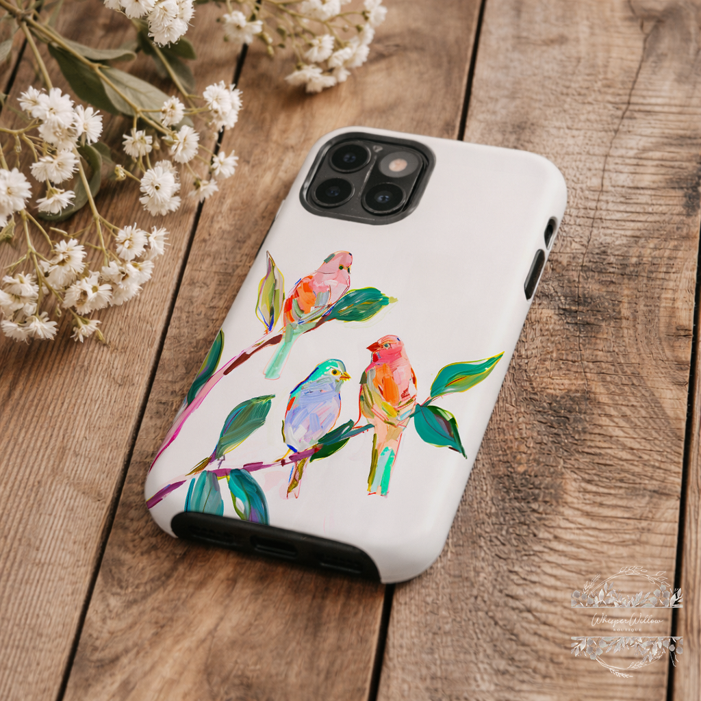 Colorful Bird Art Phone Case Compatible with iPhone | Songbird Branch Design | Cute Aesthetic Nature | Joyful Bird Lover Gift