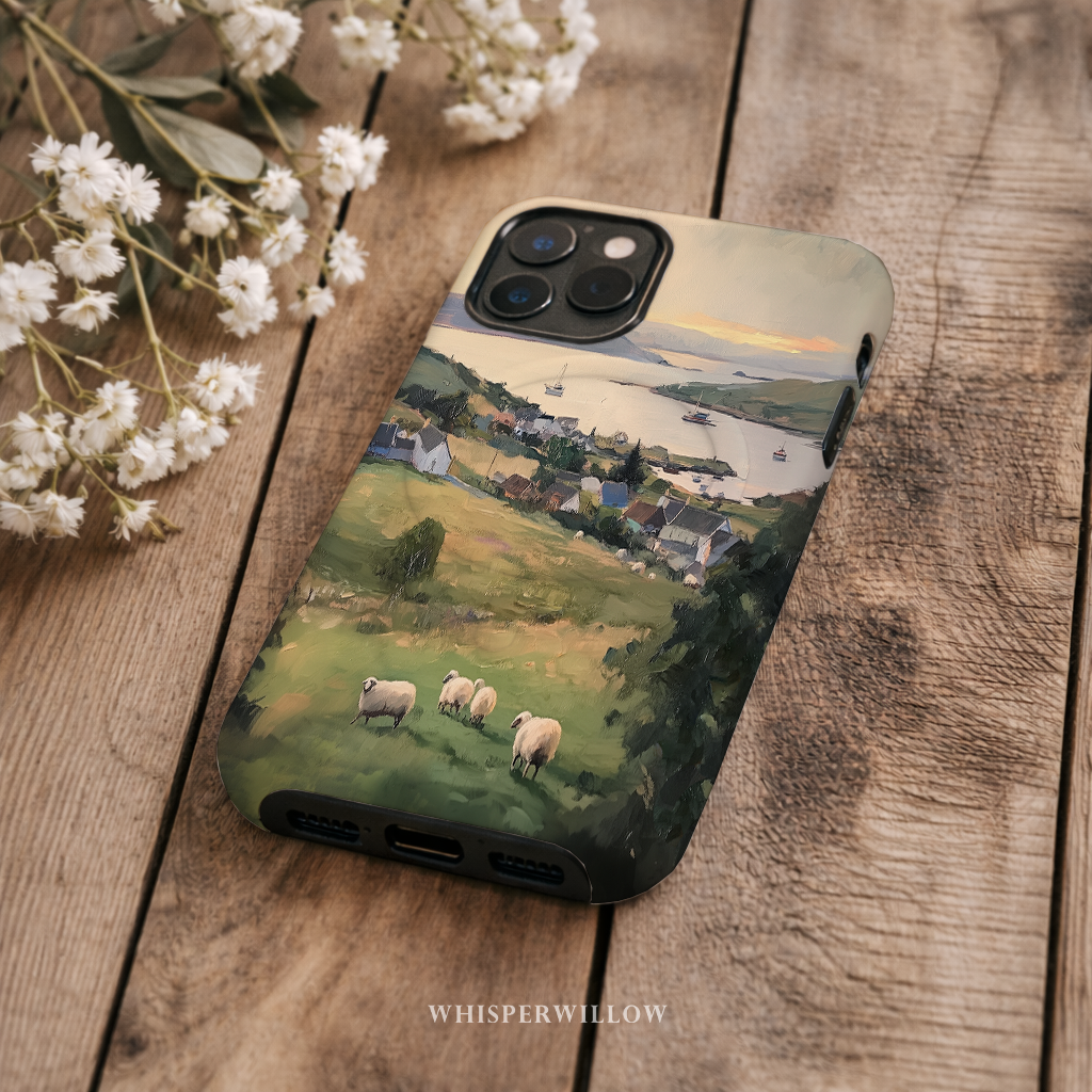 Coastal Sheep Meadow Magnetic Case | iPhone Compatible | Irish Harbor Village Scenic Cover