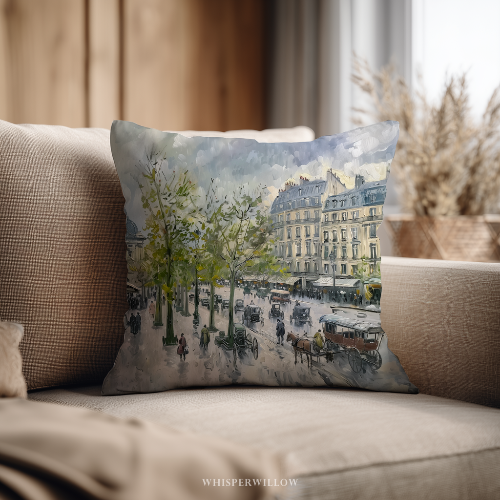 Dekokissen „Paris Boulevard“ – Regenszene mit Pferdekutsche