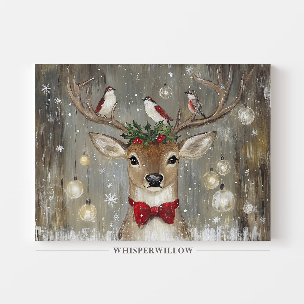 Christmas Reindeer with Birds and Holly Canvas Wall Art Holiday Home Decor Gift