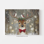 Christmas Reindeer with Birds and Holly Canvas Wall Art Holiday Home Decor Gift