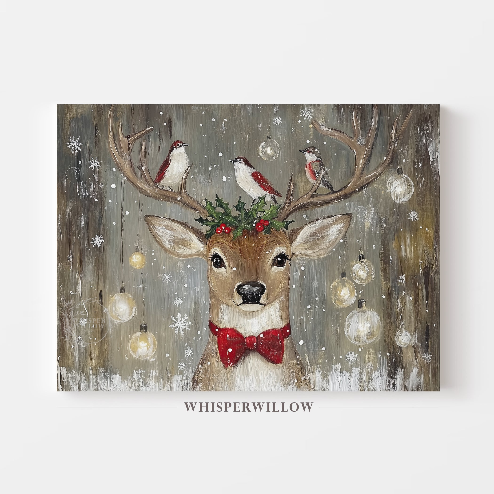 Christmas Reindeer with Birds and Holly Canvas Wall Art Holiday Home Decor Gift