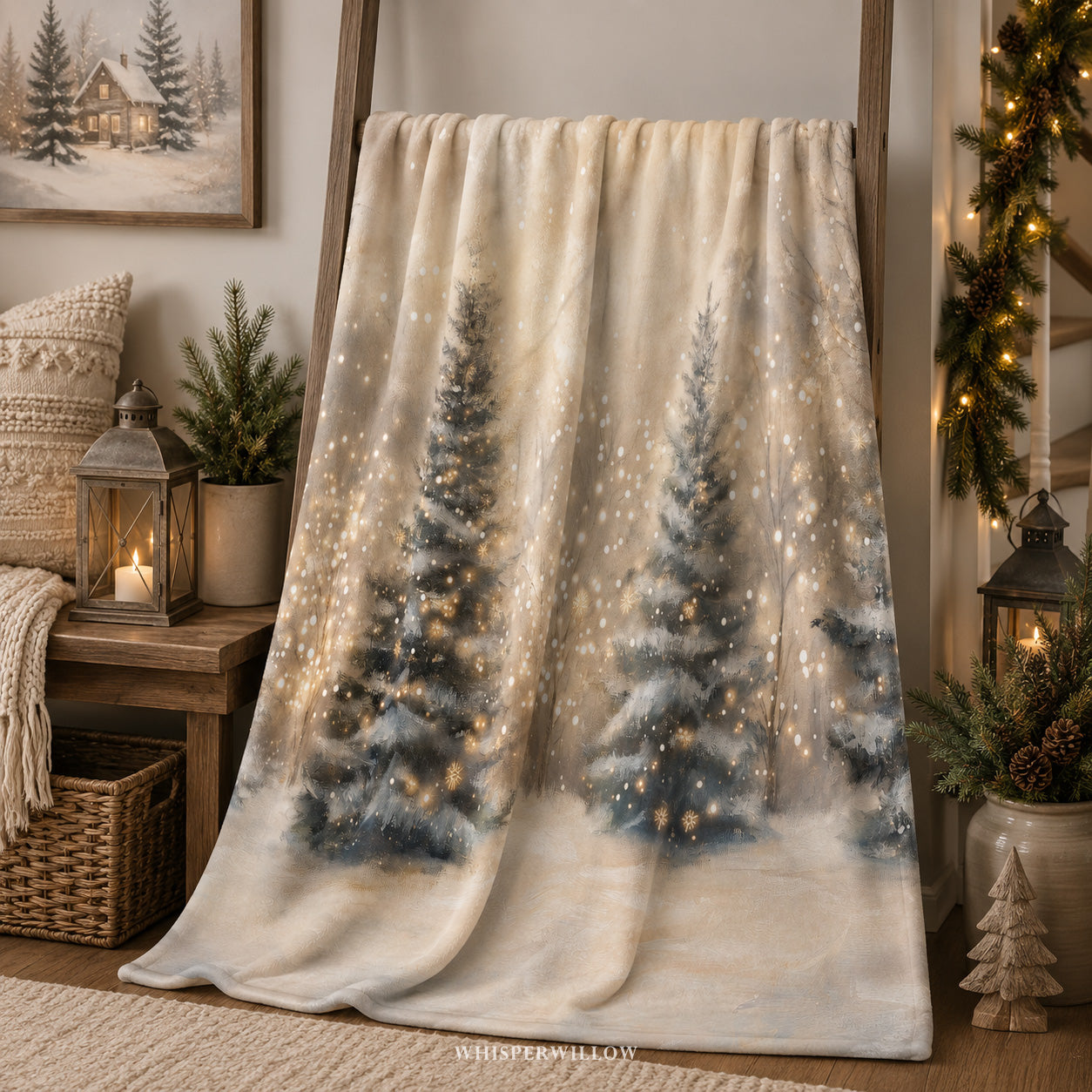 Winter Forest Throw Blanket - Snowy Trees Golden Lights Gift