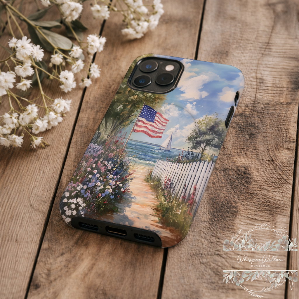 Coastal Aesthetic Phone Case | Compatible with iPhone MagSafe Charging | American Flag Beach Path Art | Patriotic Ocean Landscape