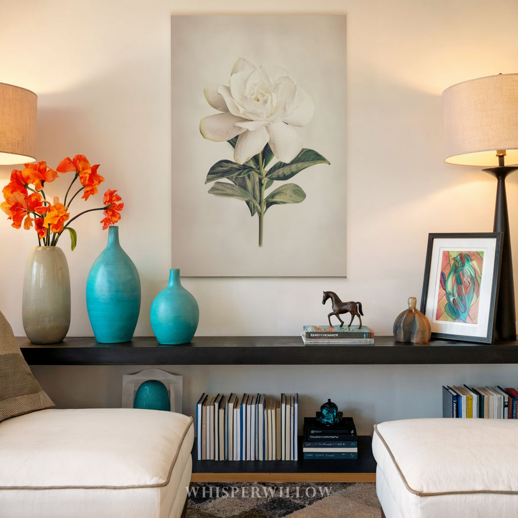 White Gardenia Canvas Wall Art - Elegant Vintage Botanical Floral Minimalist Print