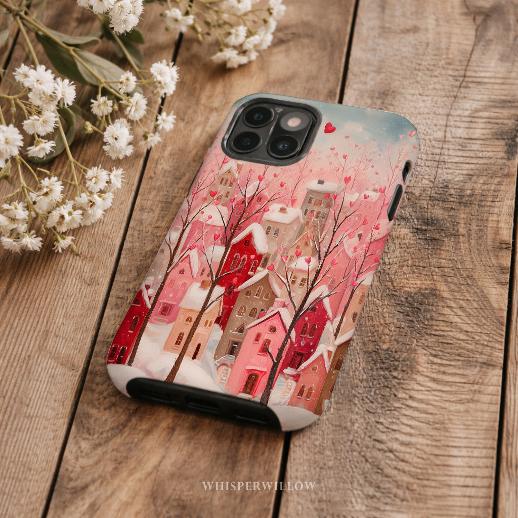 Romantic Winter Village Aesthetic Phone Case – Compatible with iPhone Models | Snowy Pink Heart Art