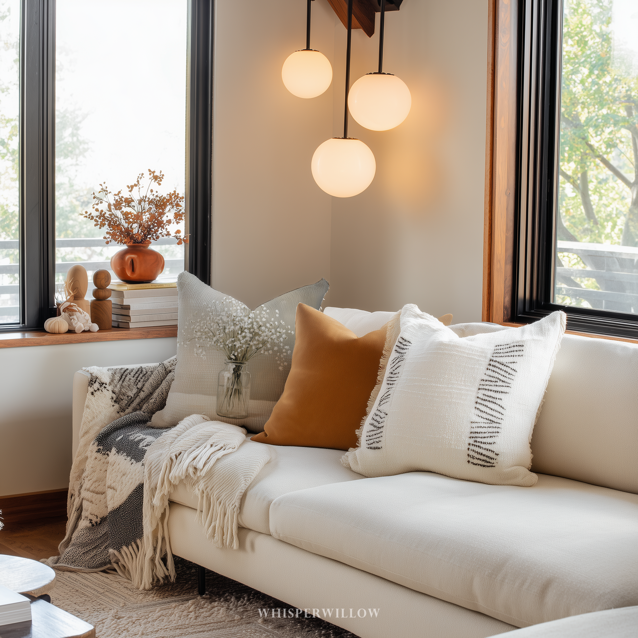 Dekokissen mit Schleierkraut-Motiv | Blumenstrauß in Vase | Kissen im minimalistischen Landhausstil (neutral)