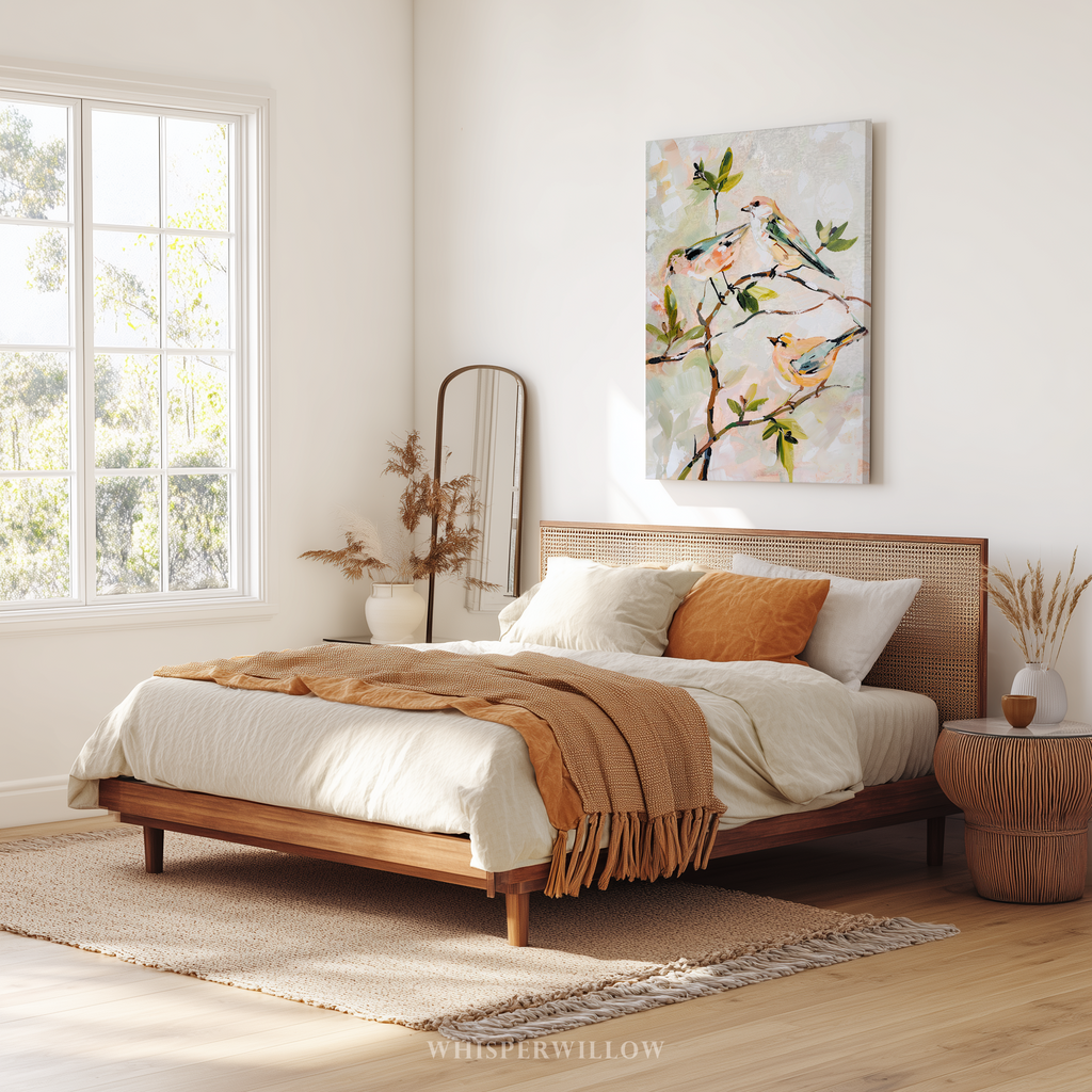 Leinwandbild „Pastellfarbene Singvögel“ – Neutrale botanische Zweige, Frühlingshaus, Natur-Tier-Vogel-Dekoration