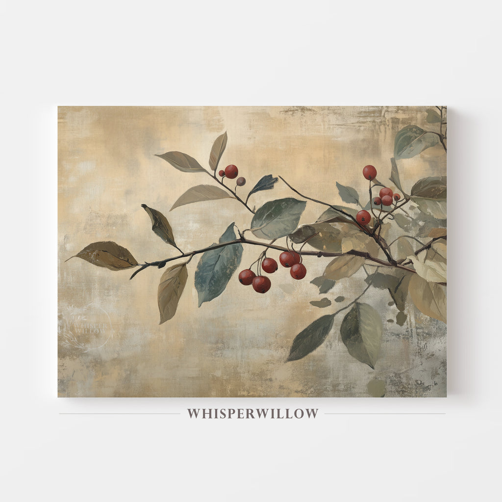Rustic Red Berries Canvas Wall Art Christmas Holiday Home Decor