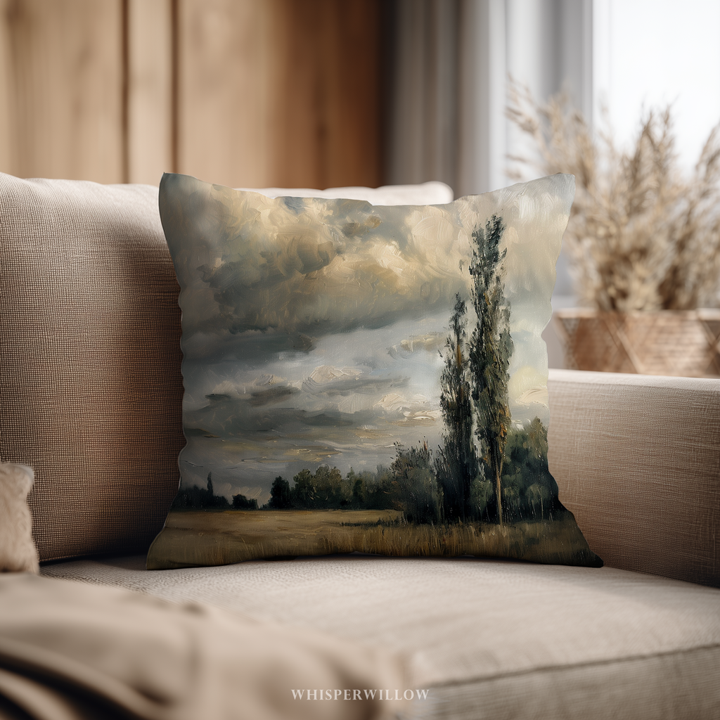 Dekokissen „Stimmungsvolles Landhaus“ – Gewitterlandschaft mit Feld und Baum