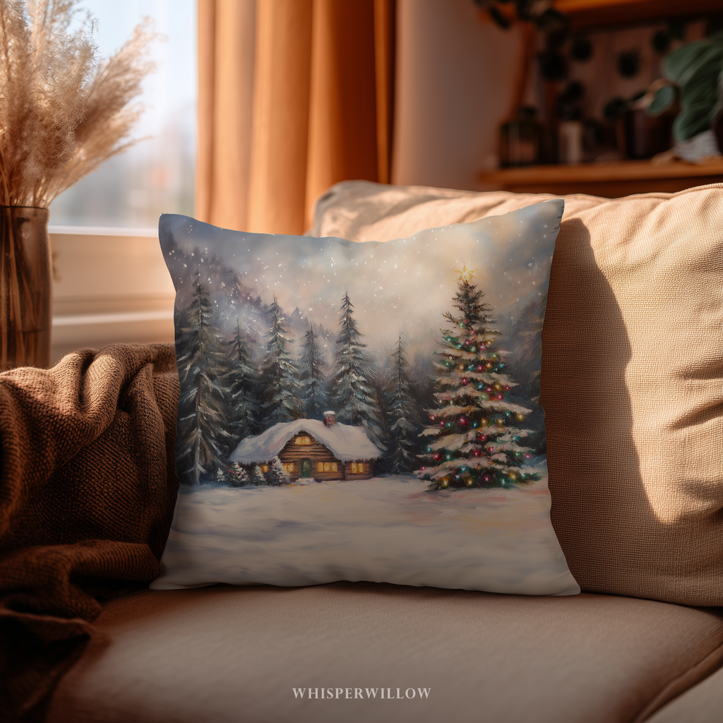 Gemütliches Hütten-Dekokissen – Weihnachtslichter-Winterwunderland-Kissen