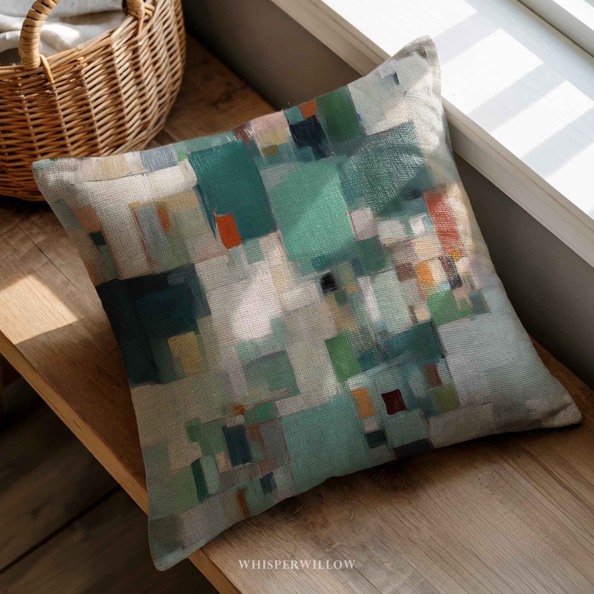 Abstract Geometric Throw Pillow | Color Block Teal Neutral Lumbar Cushion | Modern Minimalist Decor | Housewarming Gift by WhisperWillow Studios