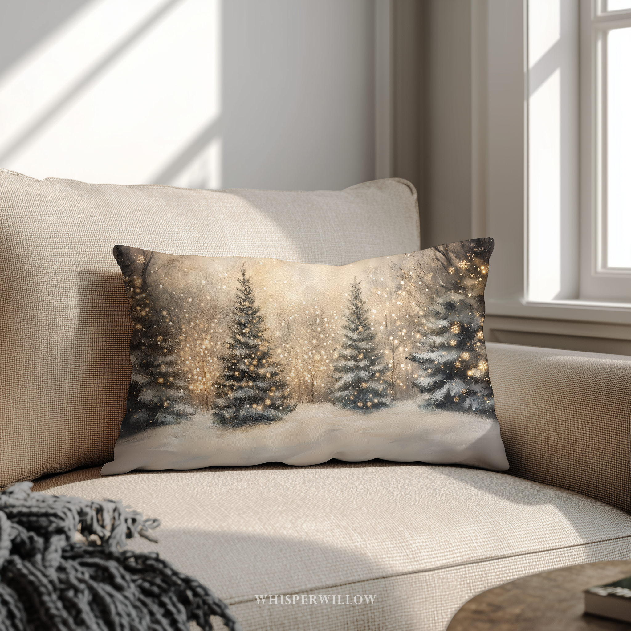 Christmas Winter Forest Throw Pillow | Snow-Covered Trees with Golden Lights | Holiday Decor Gift Cushion
