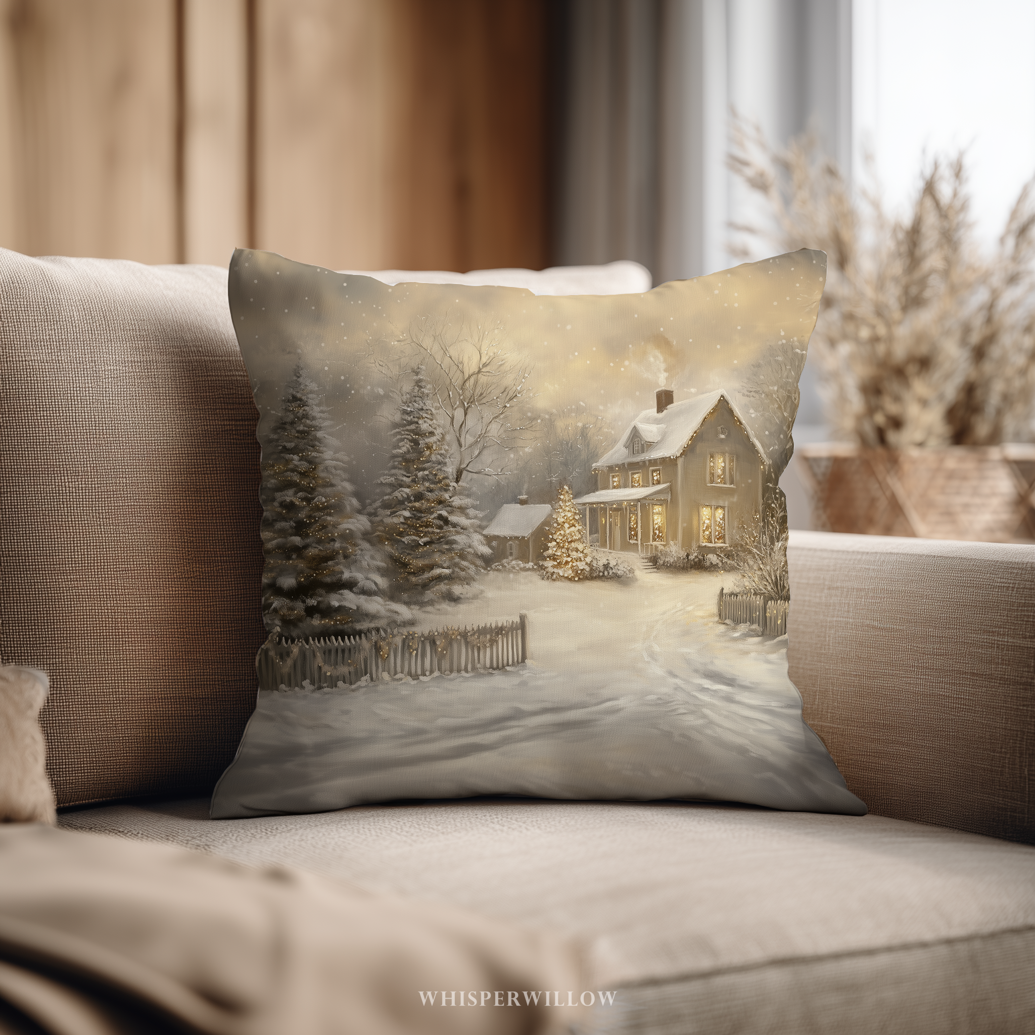 Weihnachtskissen im Winter-Cottage-Stil – Gemütliches Kissen im verschneiten Landhausstil