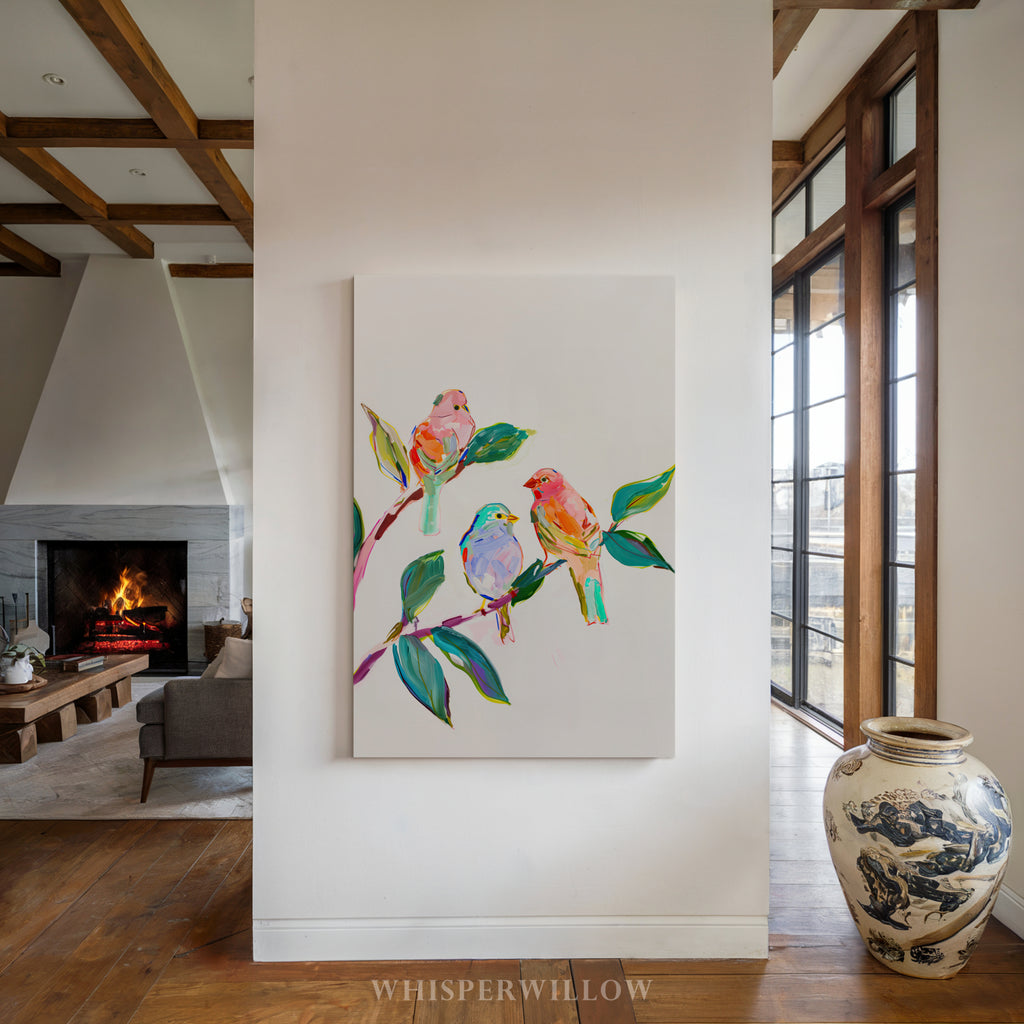 Wild Birds Canvas Wall Art | Colorful Songbirds on Tree Branch | Vibrant Nature Decor Gift
