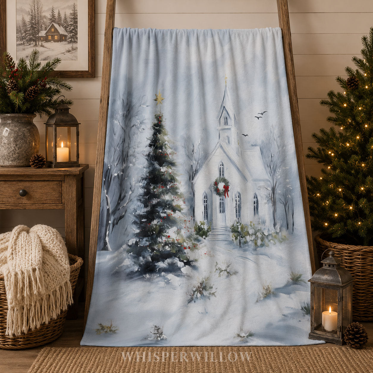 Christmas Church Plush Throw Blanket - Snowy Winter Wonderland Gift