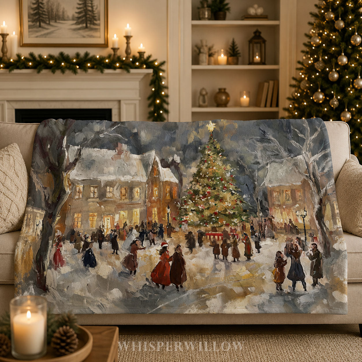 Vintage Christmas Eve Village Throw Blanket - Snowy Tree Town Square Gift