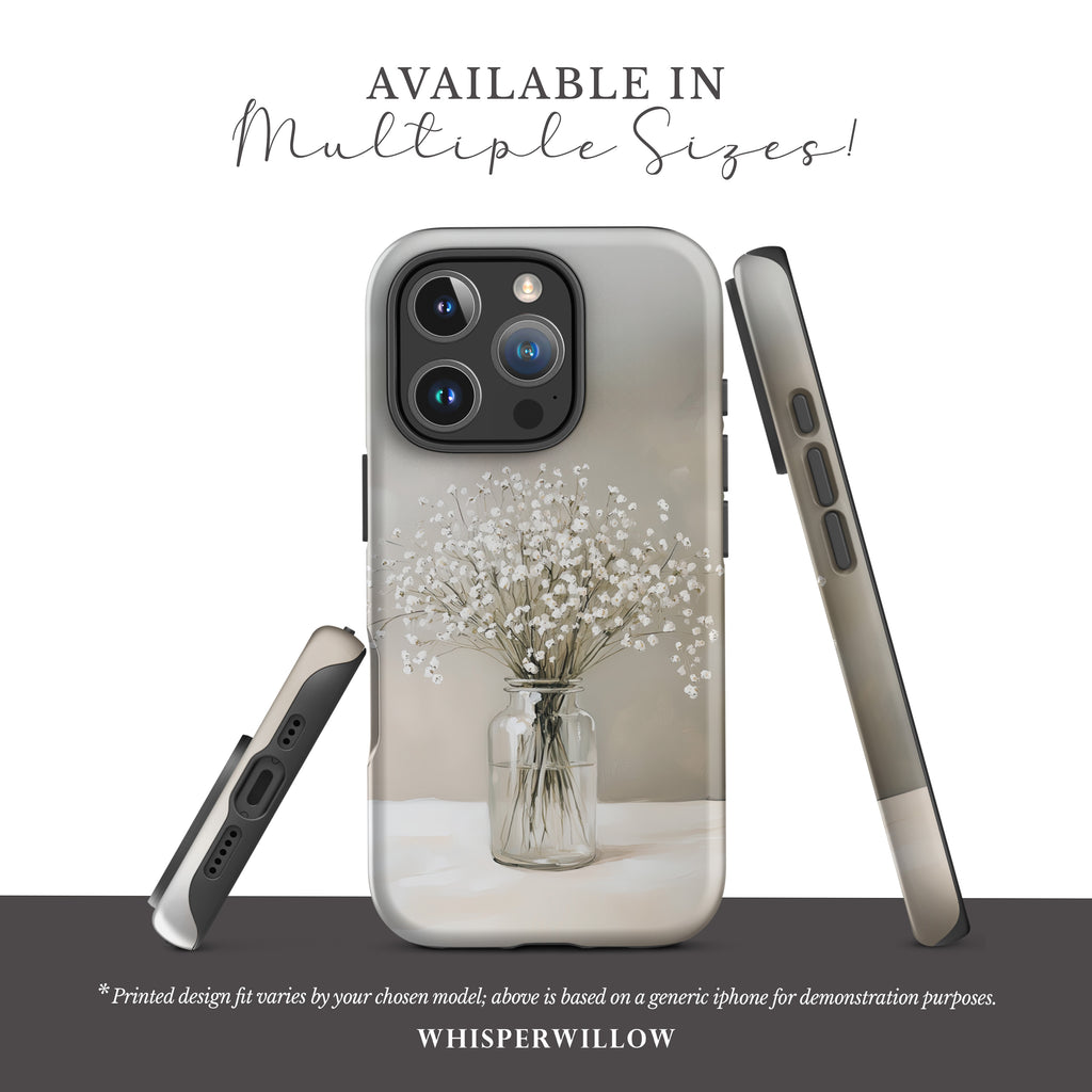 Floral Phone Case Compatible with iPhone – Neutral Baby's Breath Botanical Bouquet, Aesthetic Cute White Minimalist Art Design