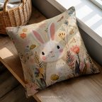 Whimsical Easter Bunny Throw Pillow, Floral Meadow Spring Pastel Design, Rabbit Eggs Farmhouse Decor, Nursery Gift for Kids and Adults Gift