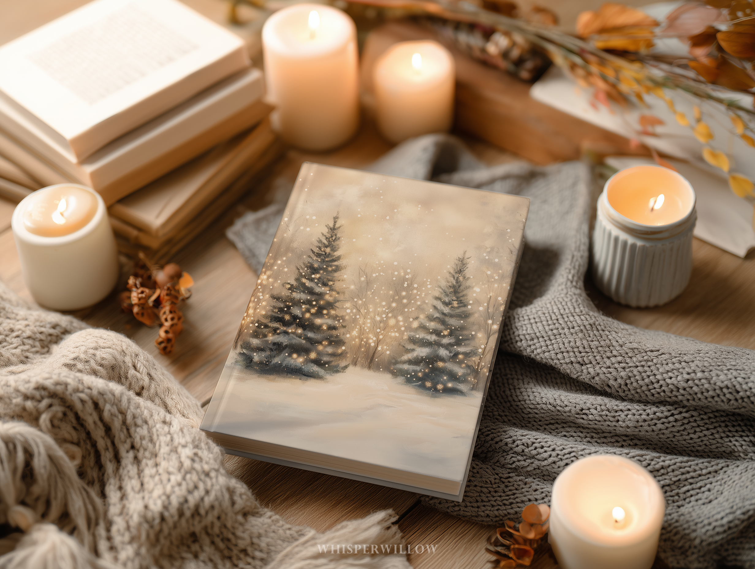 Winter Forest Hardcover Journal - Glowing Trees Snow Cozy Christmas Lights Notebook Gift