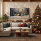 Winterliches Leinwandbild | Gemütliche Hütte mit verschneitem Wald und Weihnachtsbaum | Rustikale Dekoration für die Feiertage – das perfekte Geschenk