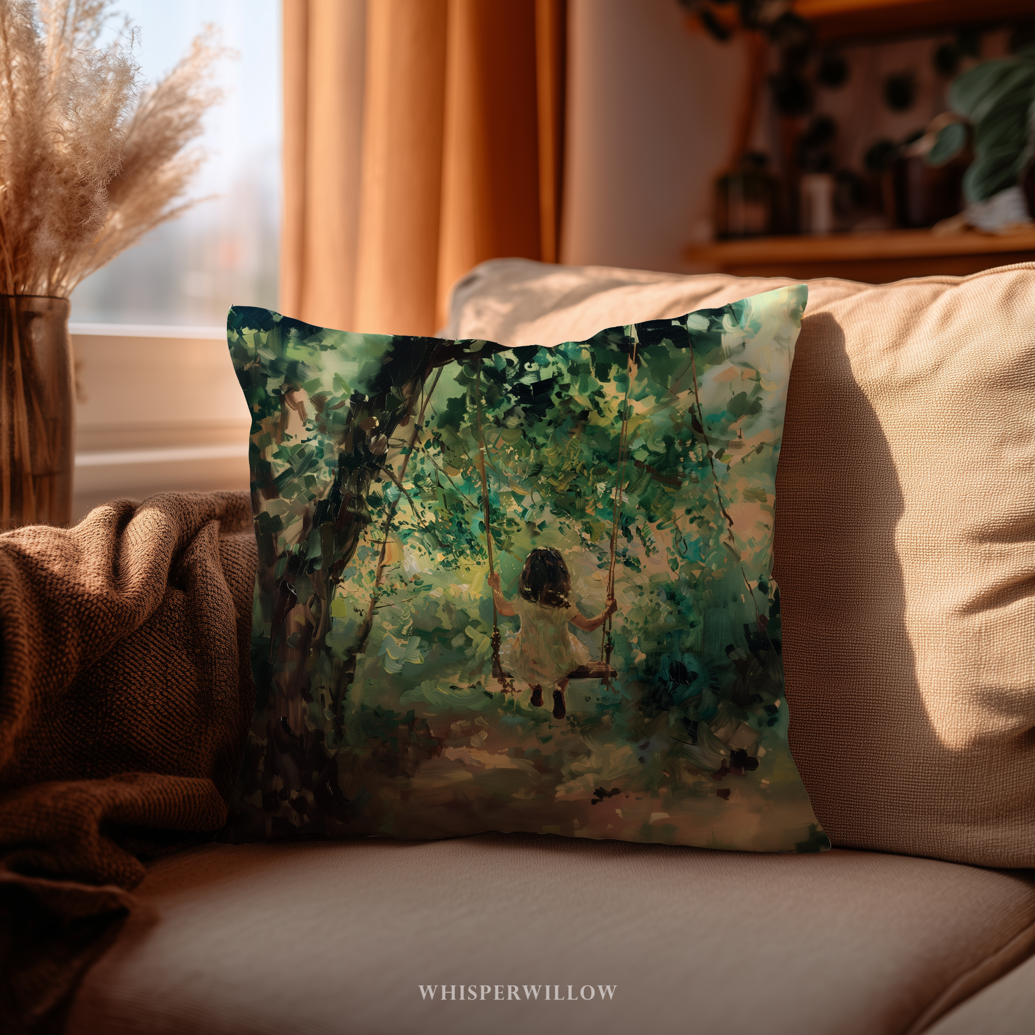 Kissen „Kind auf Baumschaukel“ – Kissen „Verzauberter Vintage-Wald“