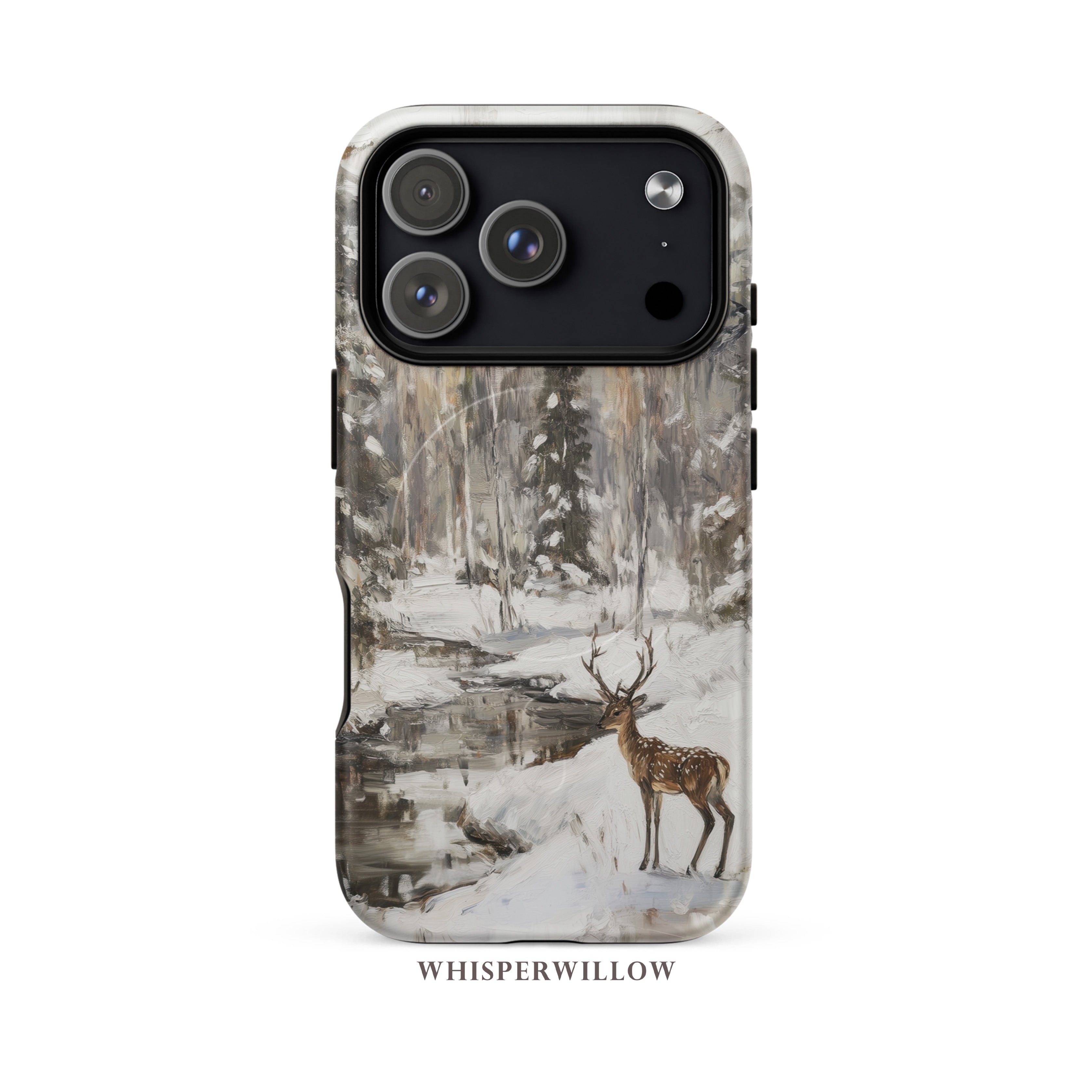 Aesthetic Winter Deer Phone Case | Compatible with MagSafe Charging | Forest Snow Wildlife Art | Gift for Him by WhisperWillow Studios
