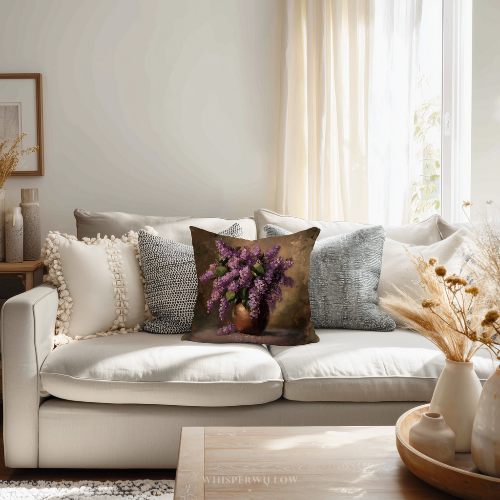 Coussin décoratif Bouquet de lilas violet | Coussin décoratif Nature morte florale en vase