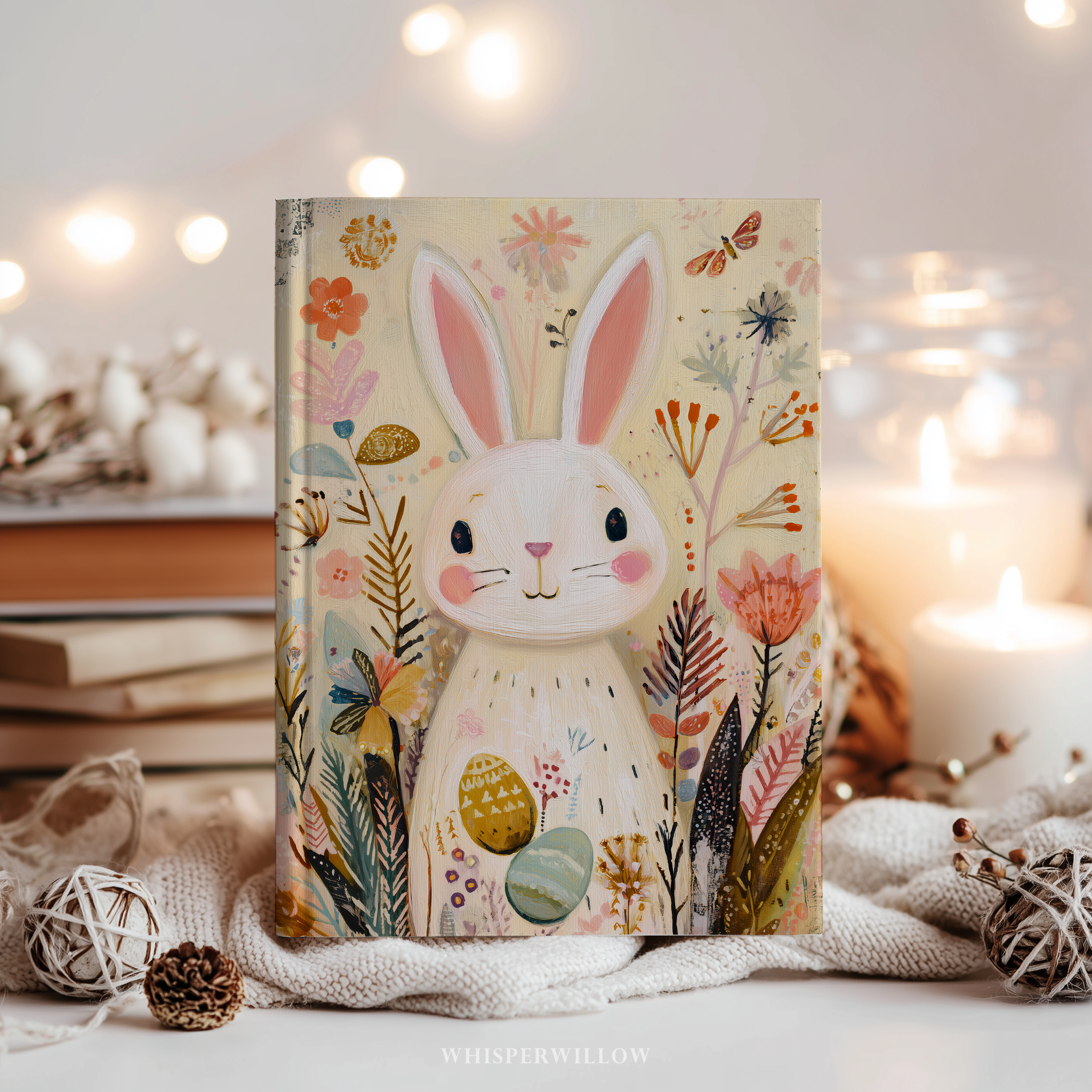 Whimsical Easter Bunny Hardcover Journal, Floral Meadow Spring Eggs Design, Cute Pastel Stationery Gift, 8x5.75 Lined Pages Gift