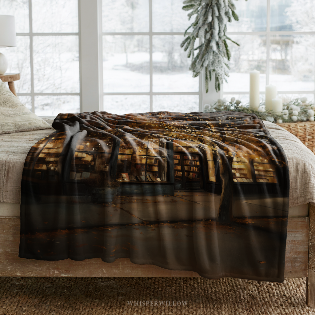 Cozy Autumn Bookstore Throw Blanket - Warm Lights Fall Tree Gift